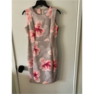 Tan dress with coral floral print, size 6P.
